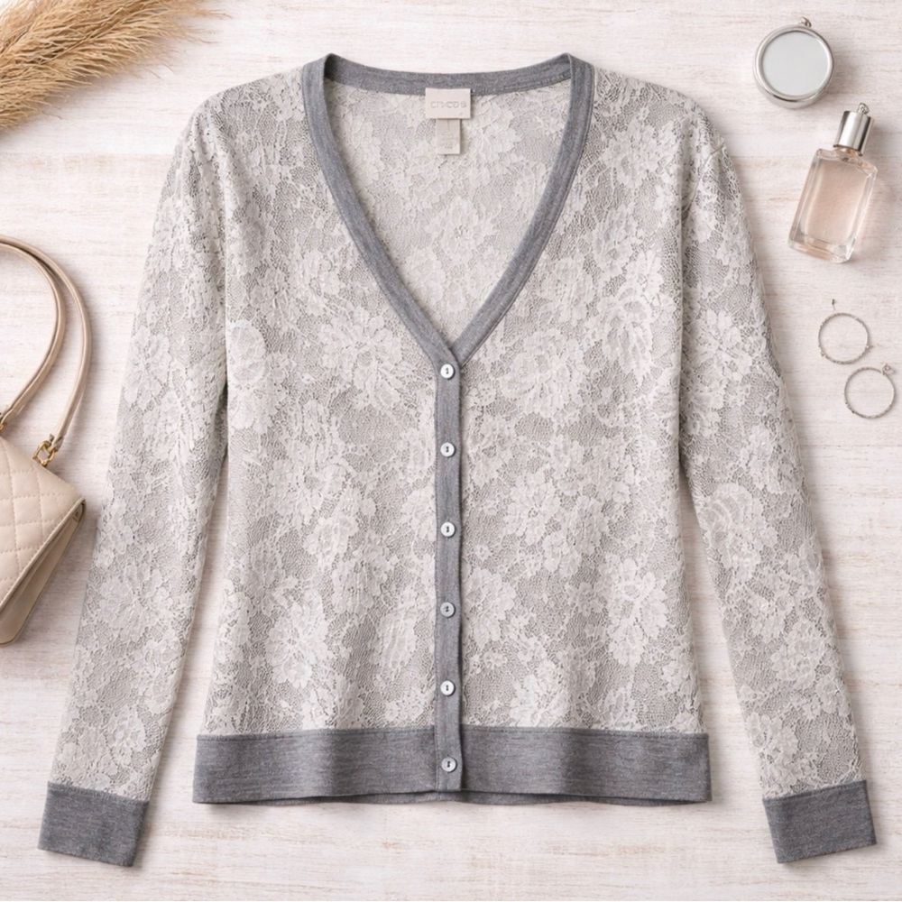 Chicos Long Sleeve Cardigan Henley Sweater Grey White Silver Sparkle Size M $109